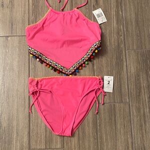 Heart Hips Pink Two-Piece with Colorful Pom Pom Trim